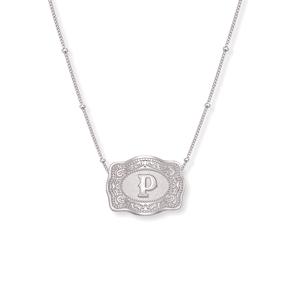 SpurWest Mini Belt Buckle Necklace (Initial) - Silver Silver Beaded Chain (16" + 2" extender) P SpurWest