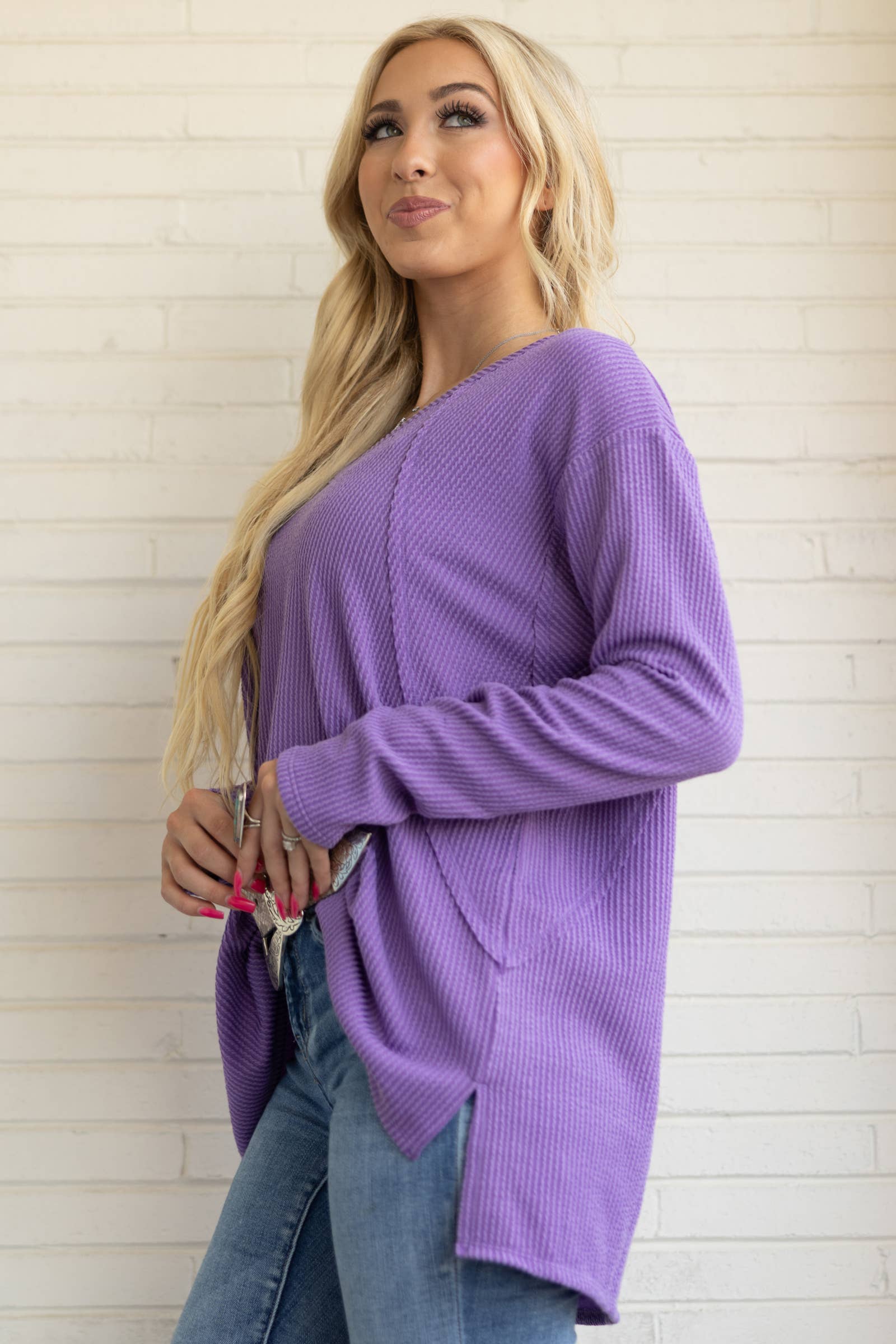 Curly Rib V Neck Long Sleeve Top Andrée by Unit