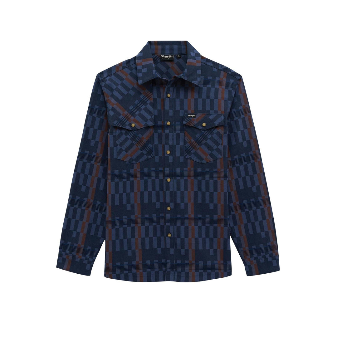 ATG -x- Wrangler® Flannel Shirt Jacket - Relaxed Fit - Snaps - Fractured Vintage Indigo - 112382467 - Double C Western SupplyWrangler