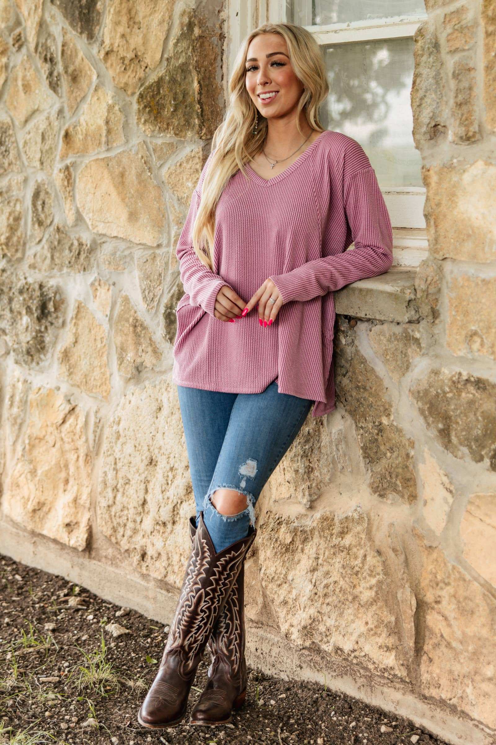 Curly Rib V Neck Long Sleeve Top Andrée by Unit