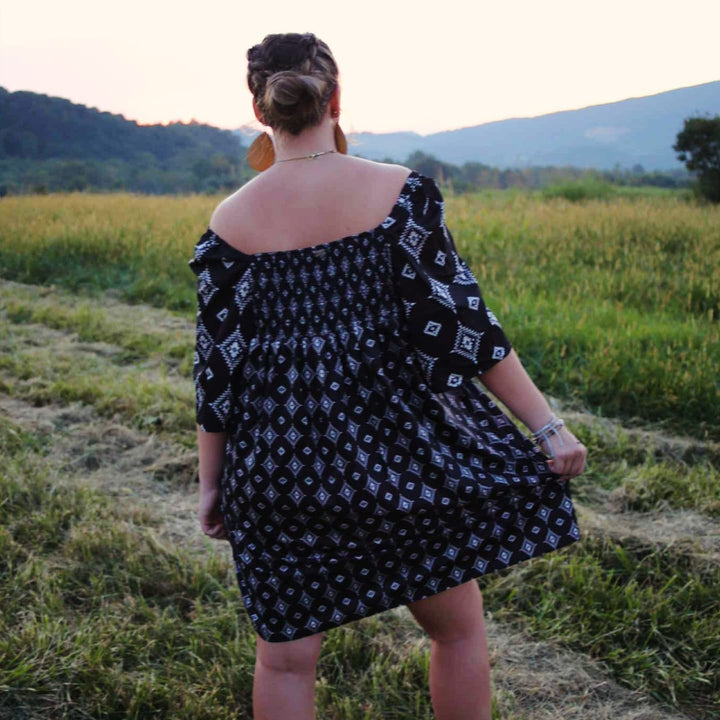 Black Aztec Printed Pleated Square Neckline Dress DR560 - Double C Western SupplyLucky &amp; Blessed