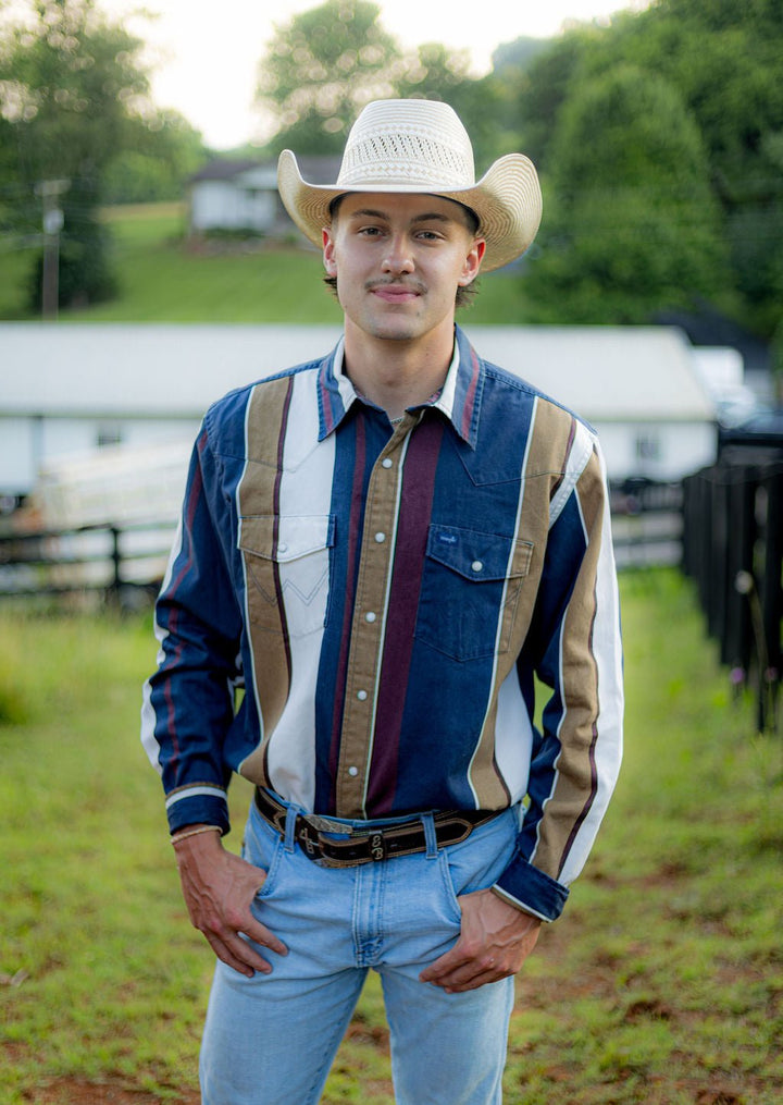 Boys Vintage Brushpopper Stripe Shirt - Navy Multi - 112382002 - Double C Western SupplyWrangler