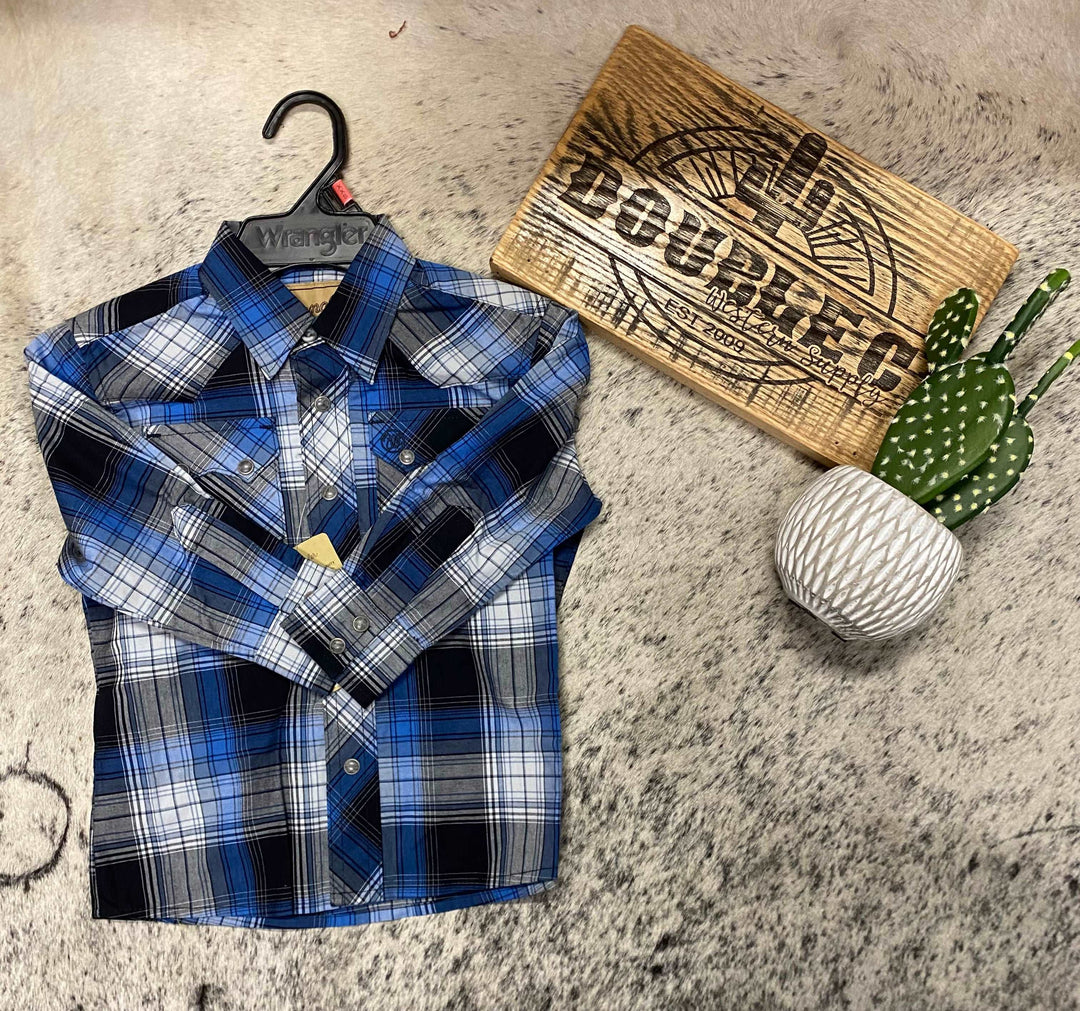 Boy's Wrangler Retro Western Snap Plaid Shirt with Front Sawtooth Pockets in Jet Navy - Double C Western SupplyWRANGLER