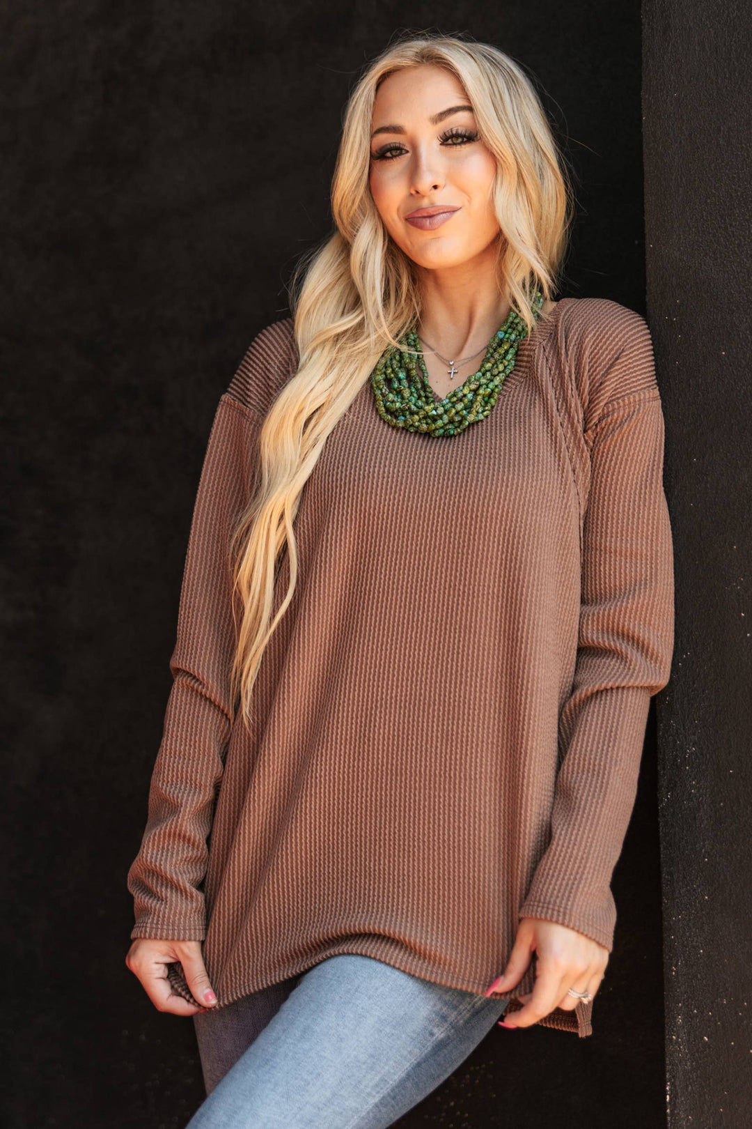 Curly Rib V Neck Long Sleeve Top Coffee 20% off Andrée by Unit