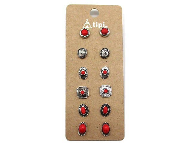 Western 6 Pair Dainty Post Earring Set Earrings Red Snowing West