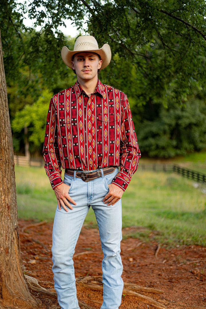 Checotah® Dress Western Long Sleeve Shirt - Classic Fit - Red - 112384296 - Double C Western SupplyWrangler