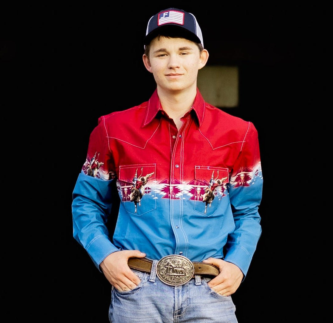 Checotah® Dress Western Long Sleeve Shirt Classic Fit Red/Blue | 112379226 - Double C Western SupplyWrangler