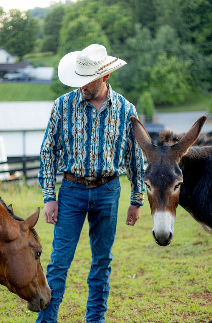 Checotah® Dress Western Long Sleeve Shirt - Classic Fit - Teal/Brown - 112384297 - Double C Western SupplyWrangler