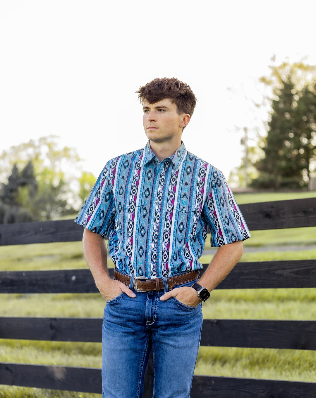 Checotah® Dress Western Short Sleeve Shirt Classic Fit Turquoise Multi | 112379227 - Double C Western SupplyWrangler