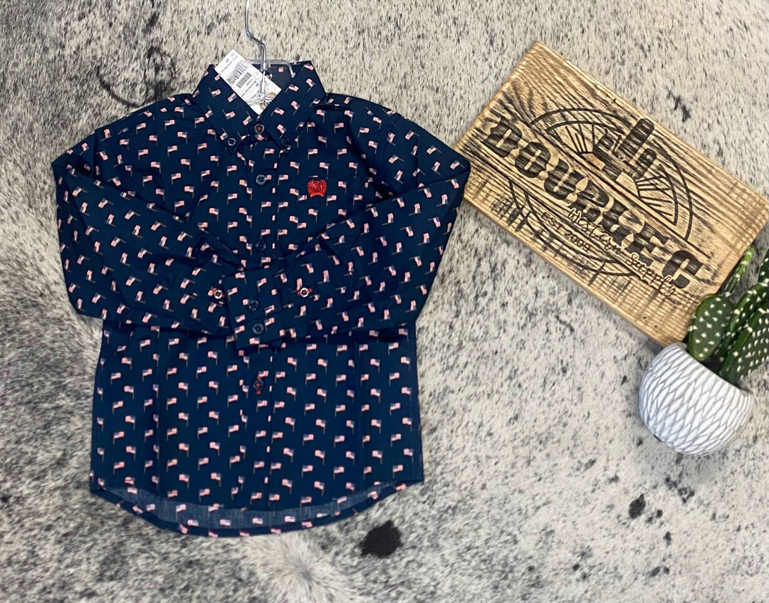 Cinch Boys' Long Sleeve Shirt Navy with Small Flags - Double C Western SupplyCinch