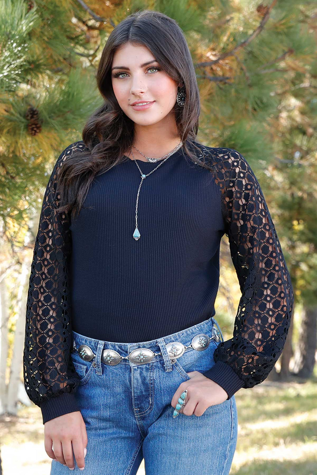 Cinch Long Sleeve Lace Raglan Shirt/Black CTK7493002 - Double C Western SupplyCinch