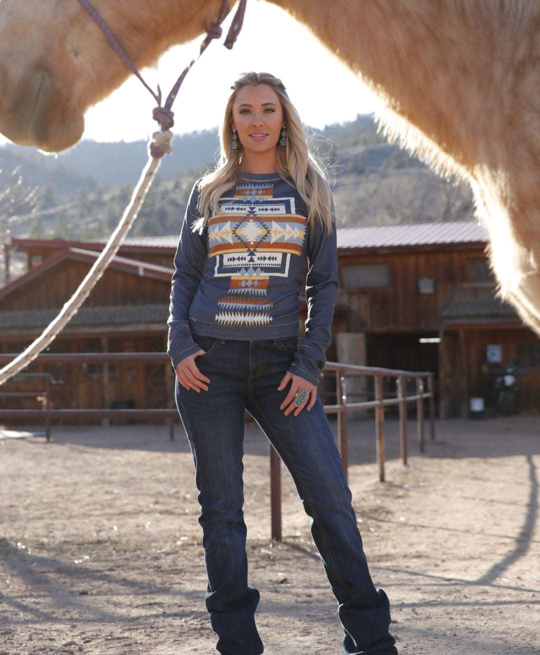 Cinch Women's L/S Raglan Shirt Blue Aztec Print CTK7522002 - Double C Western SupplyCinch