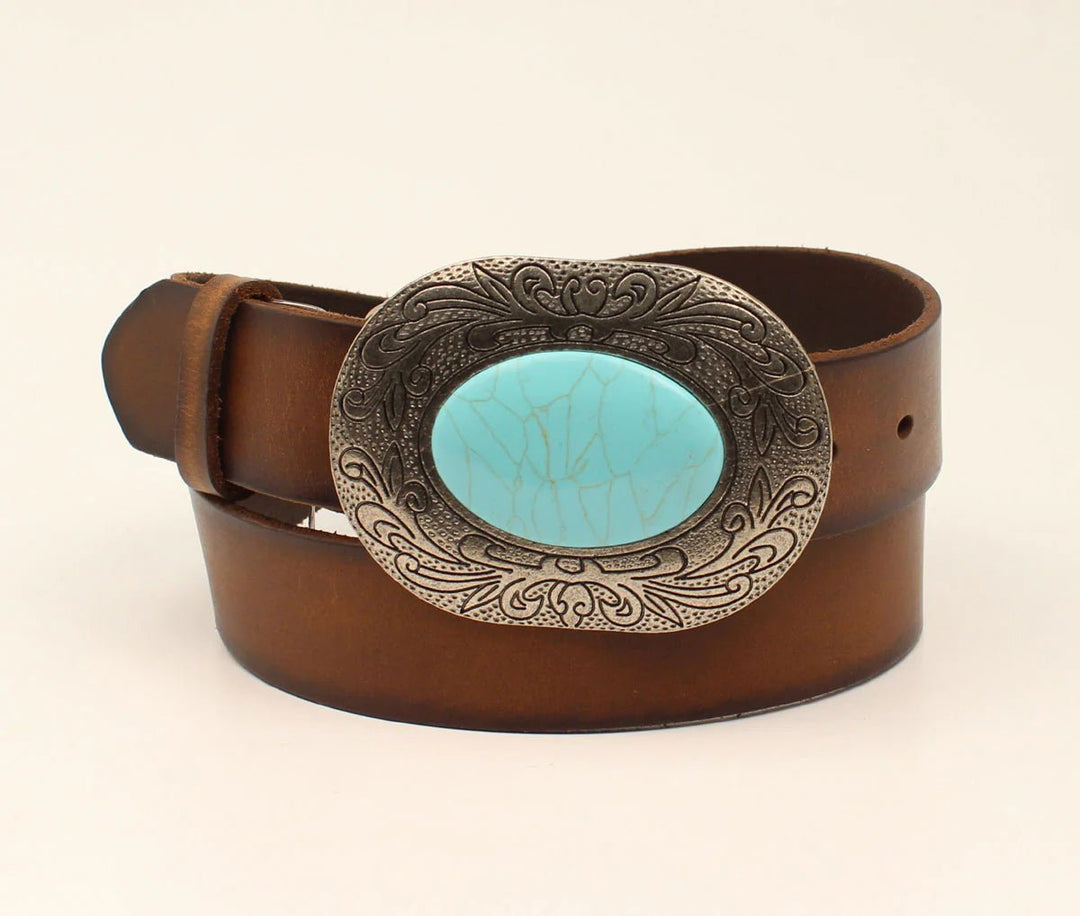 CLASSIC STRAP STAINED BELT ANTIQUE SILVER W/TURQUOISE BUCKLE - Double C Western SupplyM & F