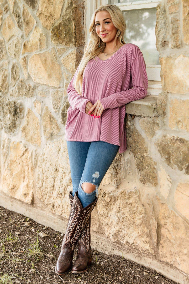 Curly Rib V Neck Long Sleeve Top - Double C Western SupplyAndrée by Unit