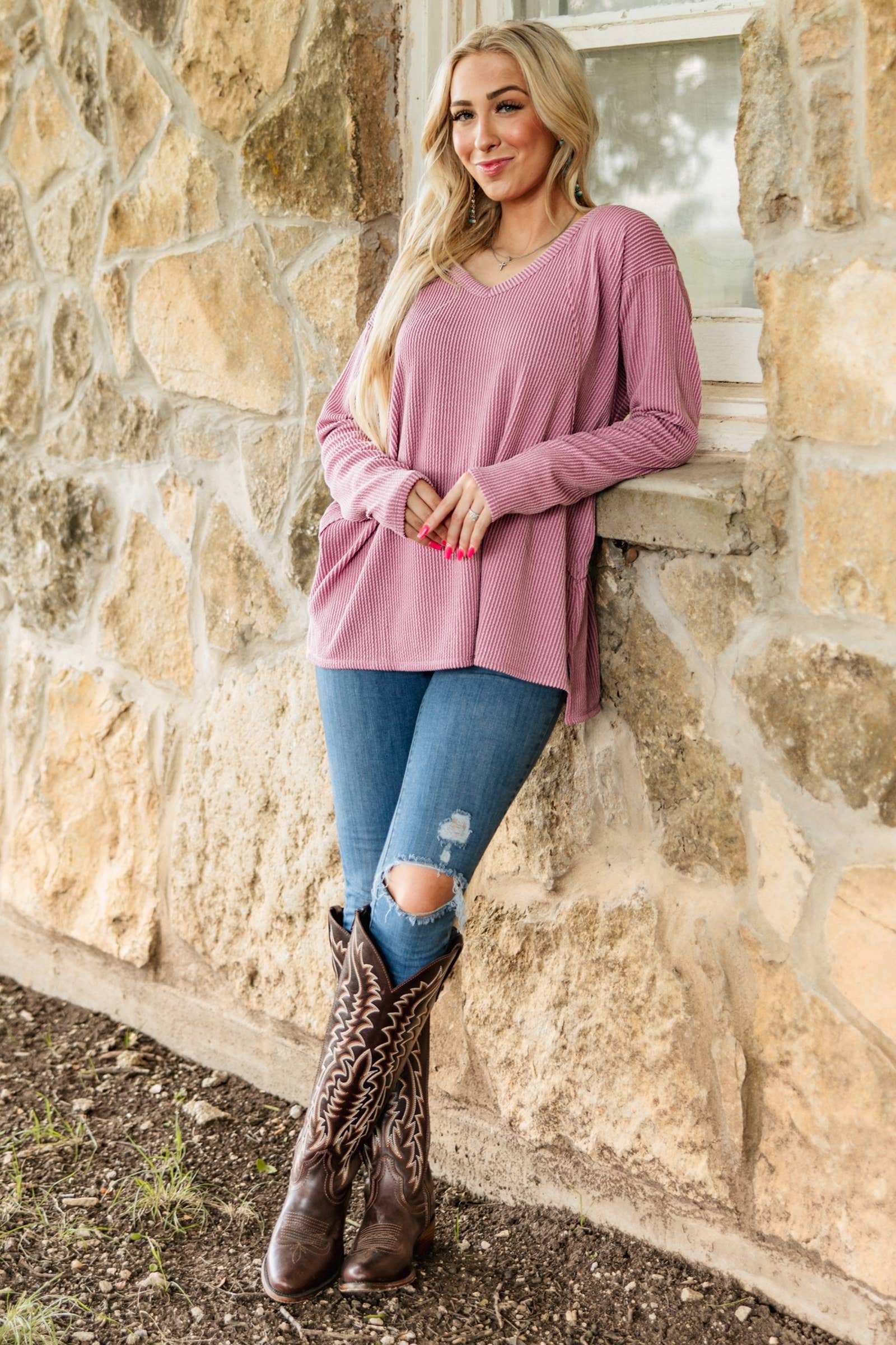 Curly Rib V Neck Long Sleeve Top Andrée by Unit
