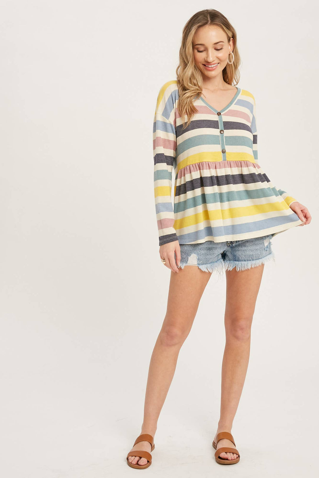 BUTTON FRONT MULTI STRIPE TOP Shirt 60% off Women's Bluivy