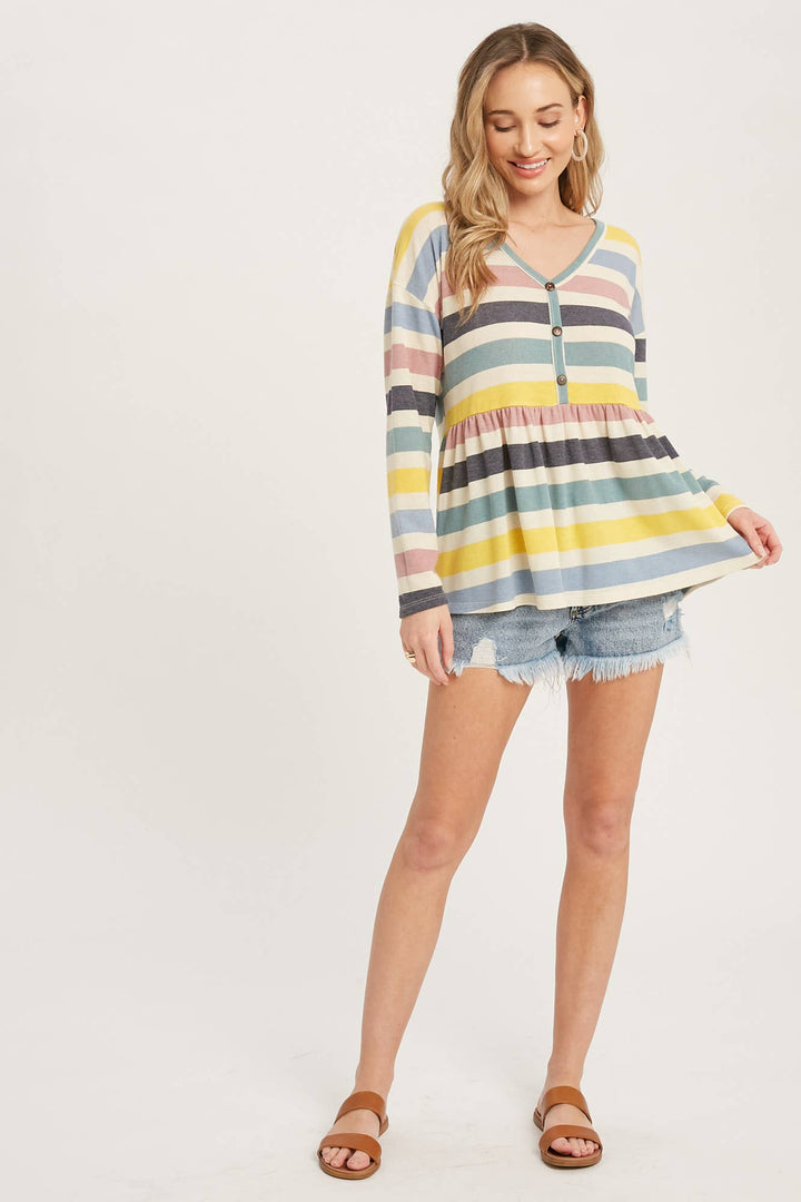 BUTTON FRONT MULTI STRIPE TOP Shirt 60% off Women's Bluivy