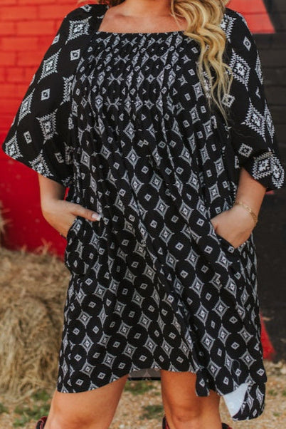 Black Aztec Printed Pleated Square Neckline Dress DR560 Dress Lucky & Blessed