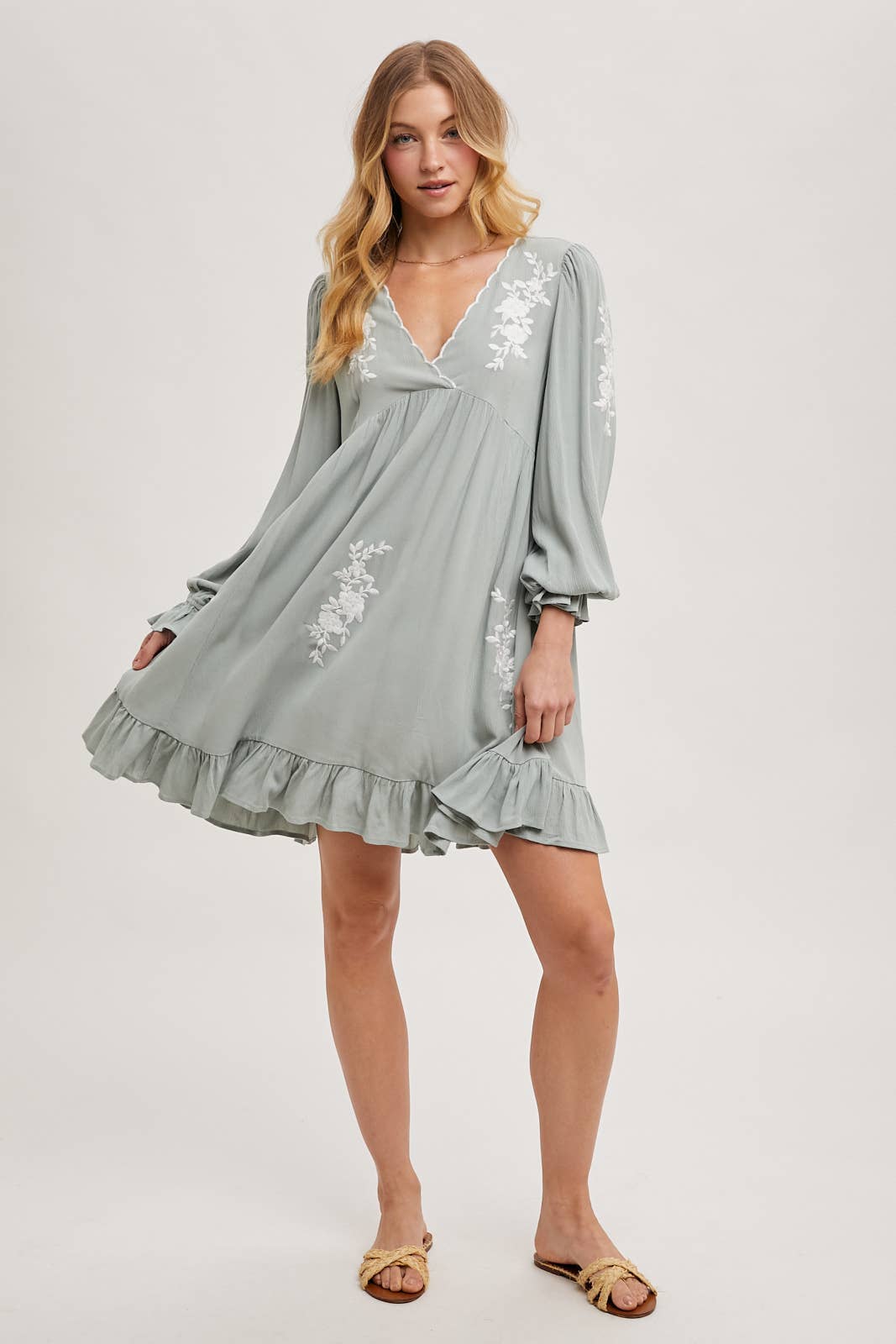 EMBROIDERED V-NECK RUFFLED DRESS dress Bluivy