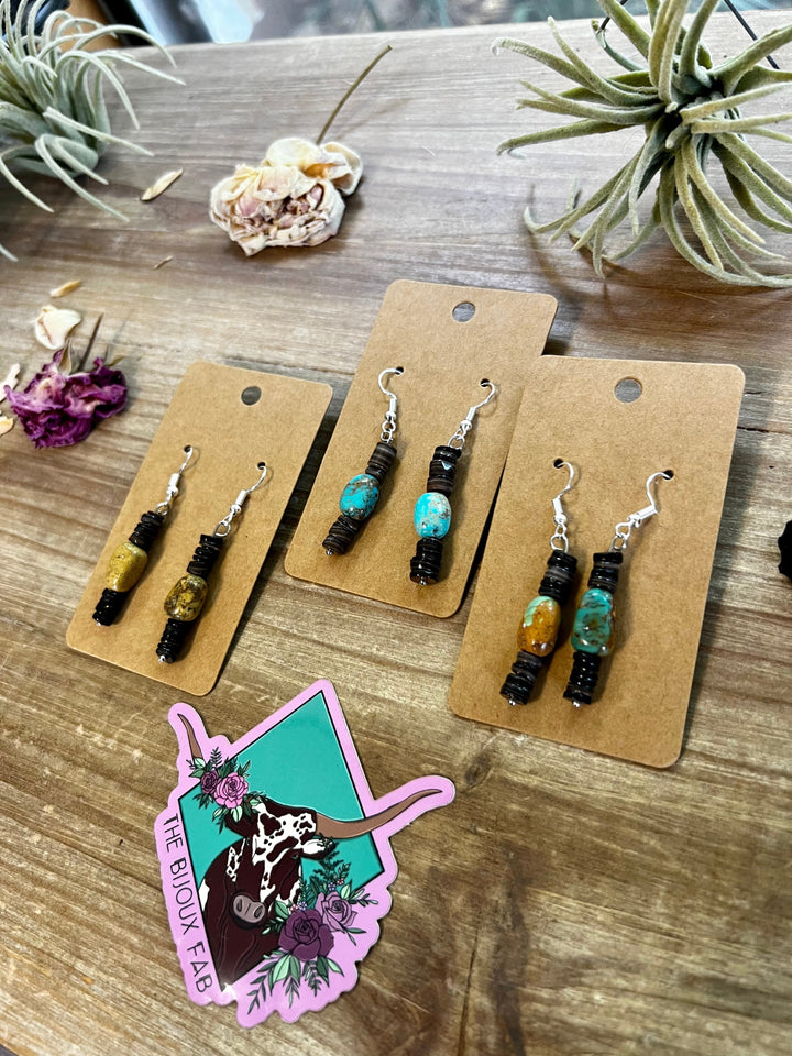 Green turquoise dangle earrings with brown shell Earrings Shopify Collective The Bijoux FAB Jewelry The Bijoux FAB Jewelry