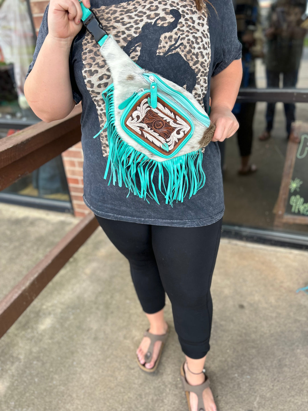Fringe Belt Bag Turquoise Women's Double C