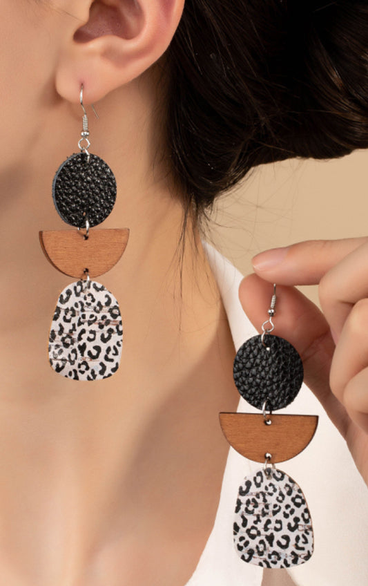 Animal print cork wood and leather drop earrings Double C Western Supply