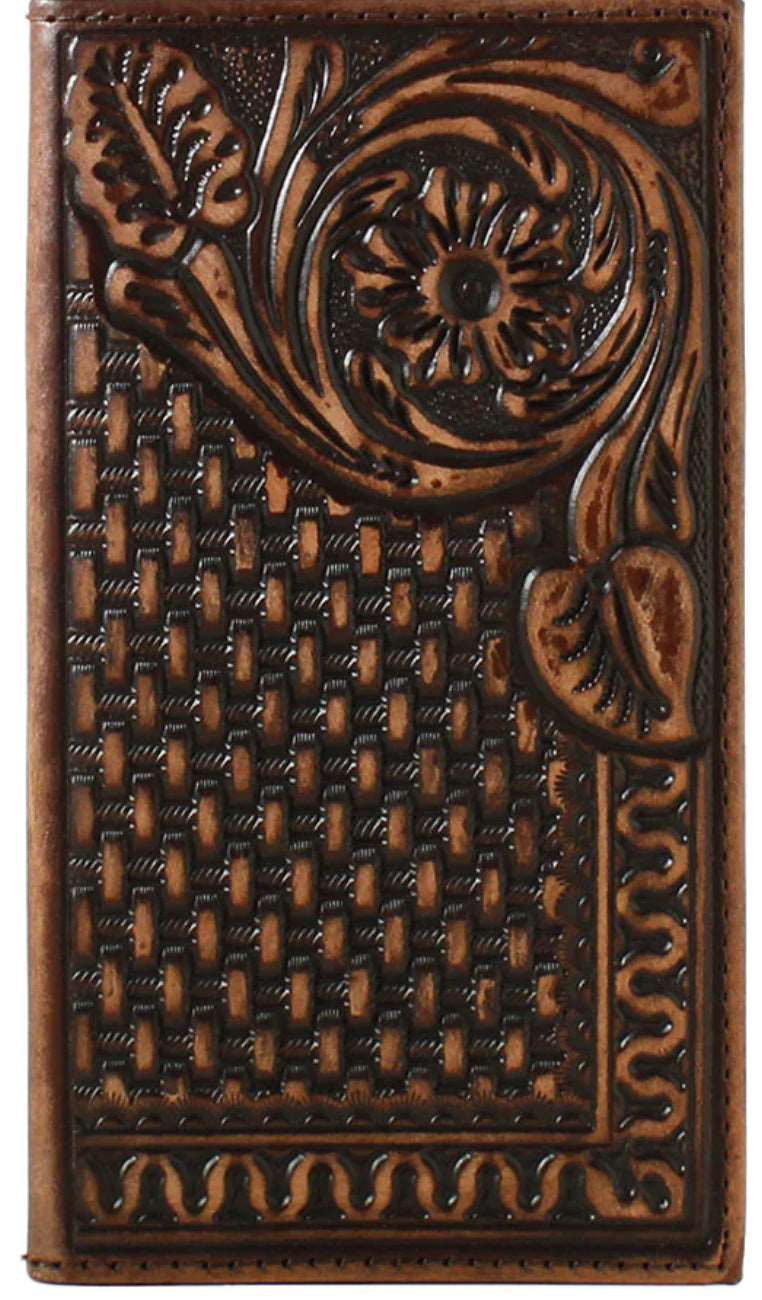 3D Western Mens Wallet Rodeo Leather Weave Floral Brown 3D