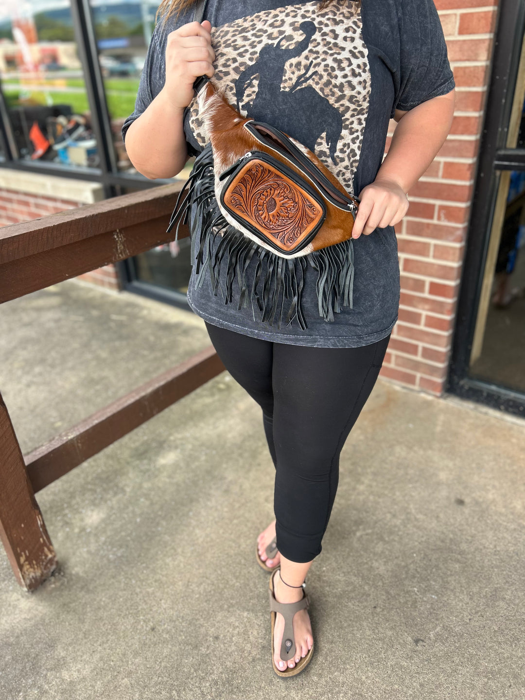 Fringe Belt Bag Black Women's Double C