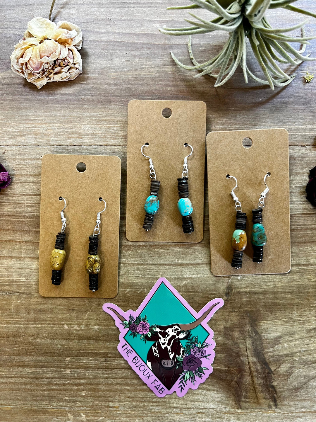 Green turquoise dangle earrings with brown shell Earrings Shopify Collective The Bijoux FAB Jewelry The Bijoux FAB Jewelry