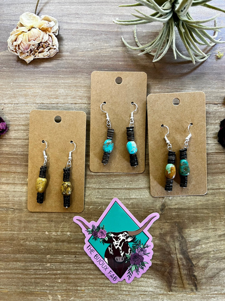 Green turquoise dangle earrings with brown shell Earrings Shopify Collective The Bijoux FAB Jewelry The Bijoux FAB Jewelry