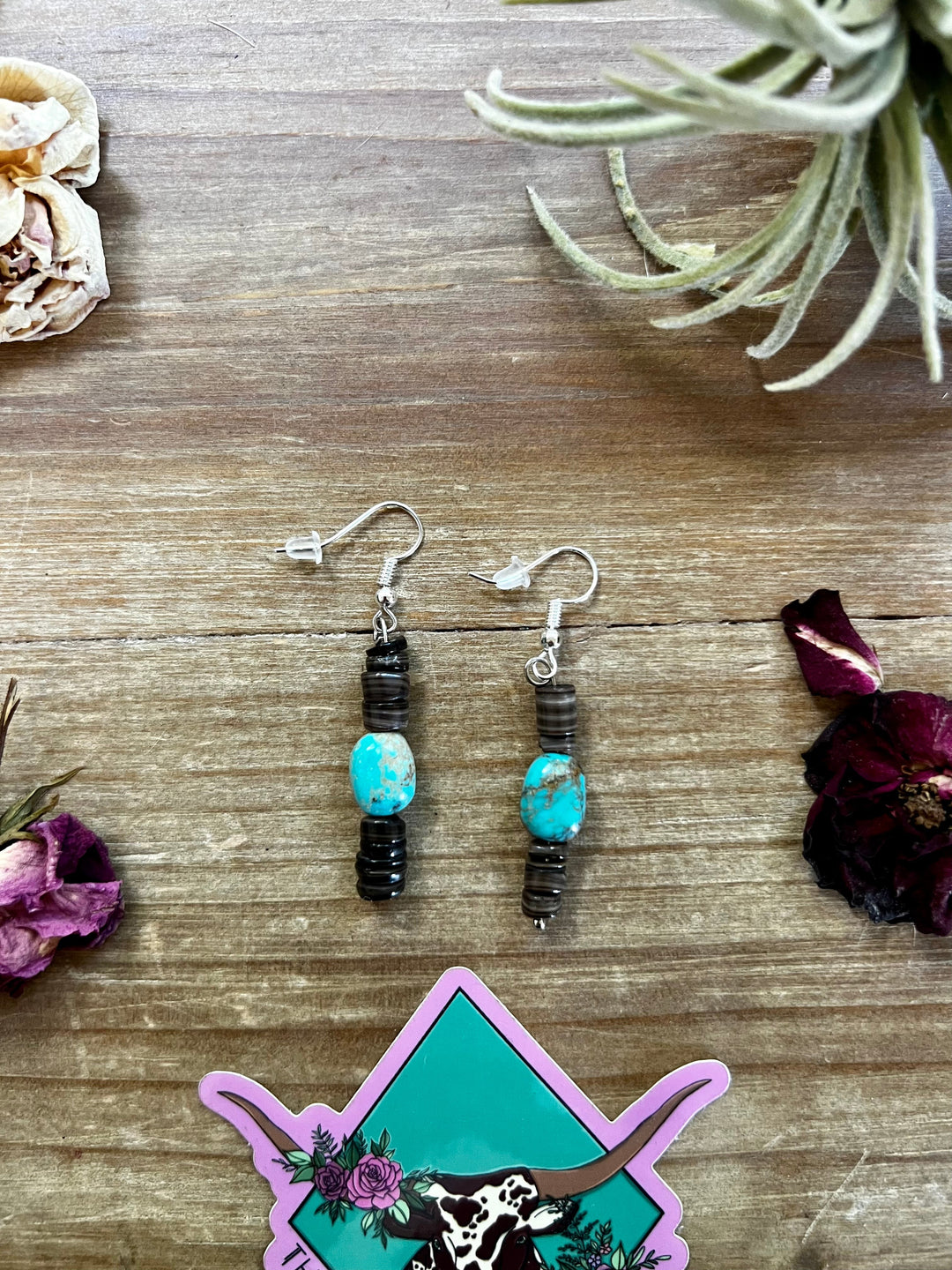 Green turquoise dangle earrings with brown shell Earrings Shopify Collective The Bijoux FAB Jewelry The Bijoux FAB Jewelry