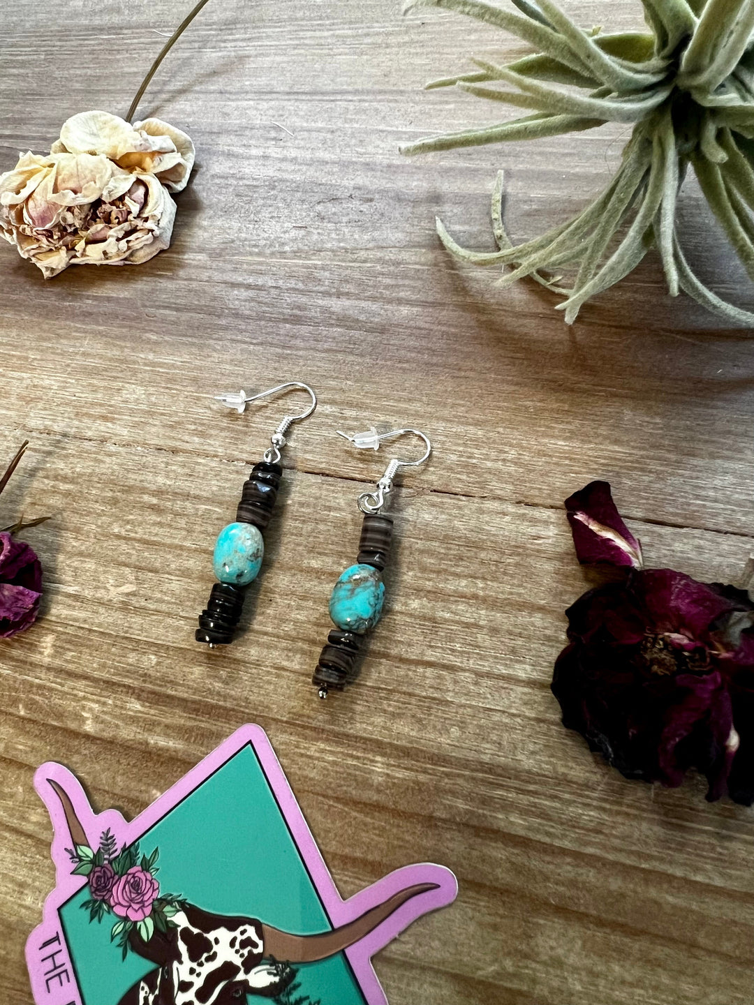 Green turquoise dangle earrings with brown shell Earrings Shopify Collective The Bijoux FAB Jewelry The Bijoux FAB Jewelry