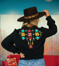 Load image into Gallery viewer, Black Button Down Long Sleeve Aztec Detail Front Tie Top
