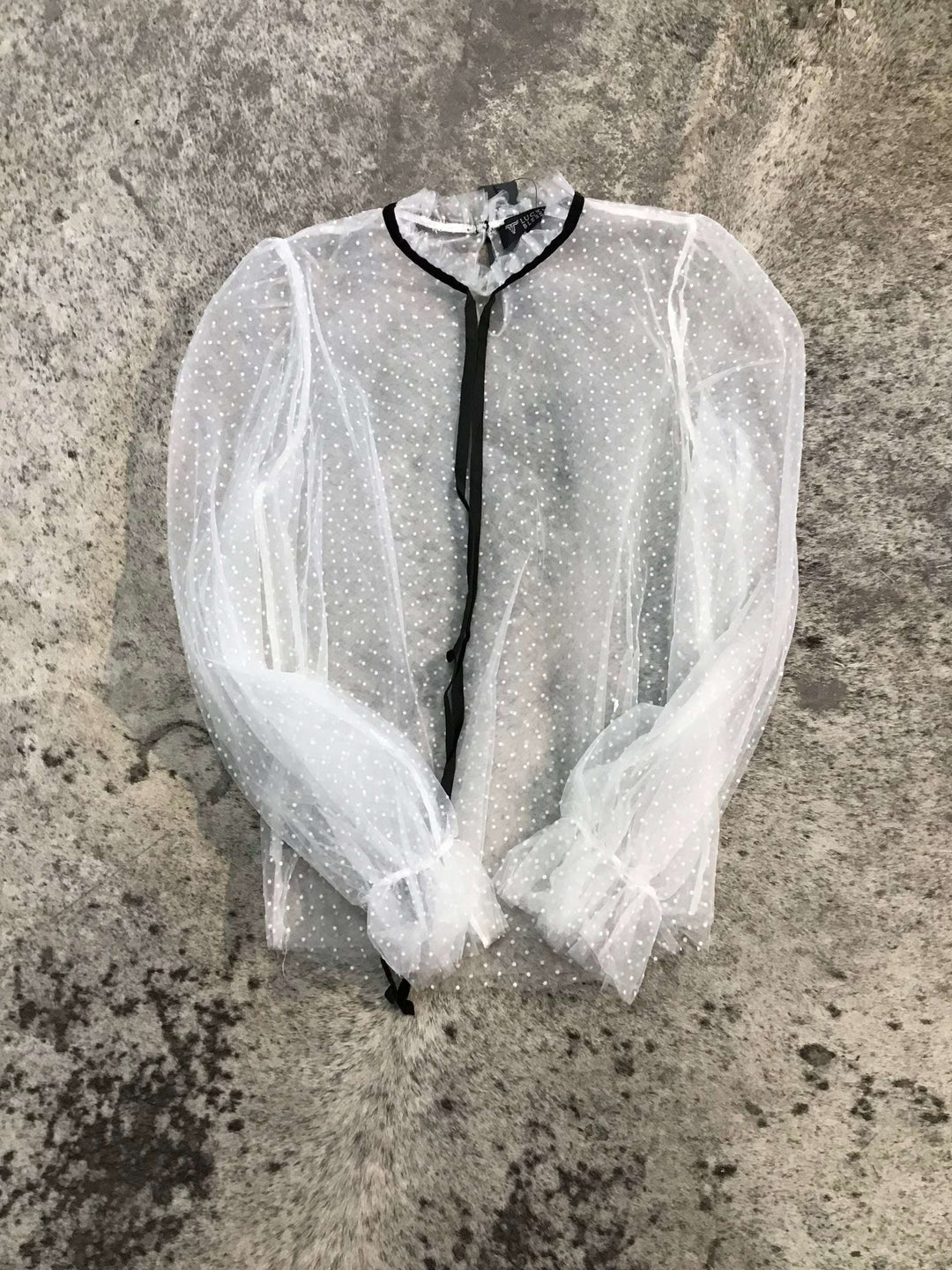 Ivory Elastic Dotted Sheer Mesh Puff Long Sleeve W Neck Tie - Double C Western SupplyLucky & Blessed