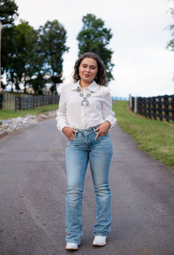 Ivory Ruffle Collar Button Down Puff Sleeve Shirt - Double C Western SupplyDouble C Western Supply