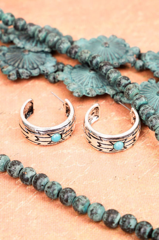 JE1498-SBTQS TURQUOISE PALO VERDE SILVERTONE HOOP EARRINGS Double C Western Supply