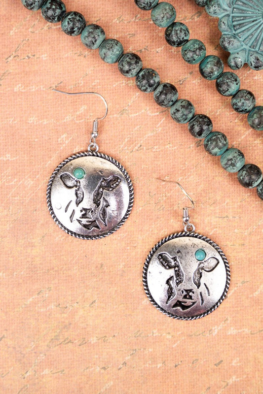 JE1560-SBTQS HENRIETTA COW TURQUOISE SILVERTONE EARRINGS Double C Western Supply