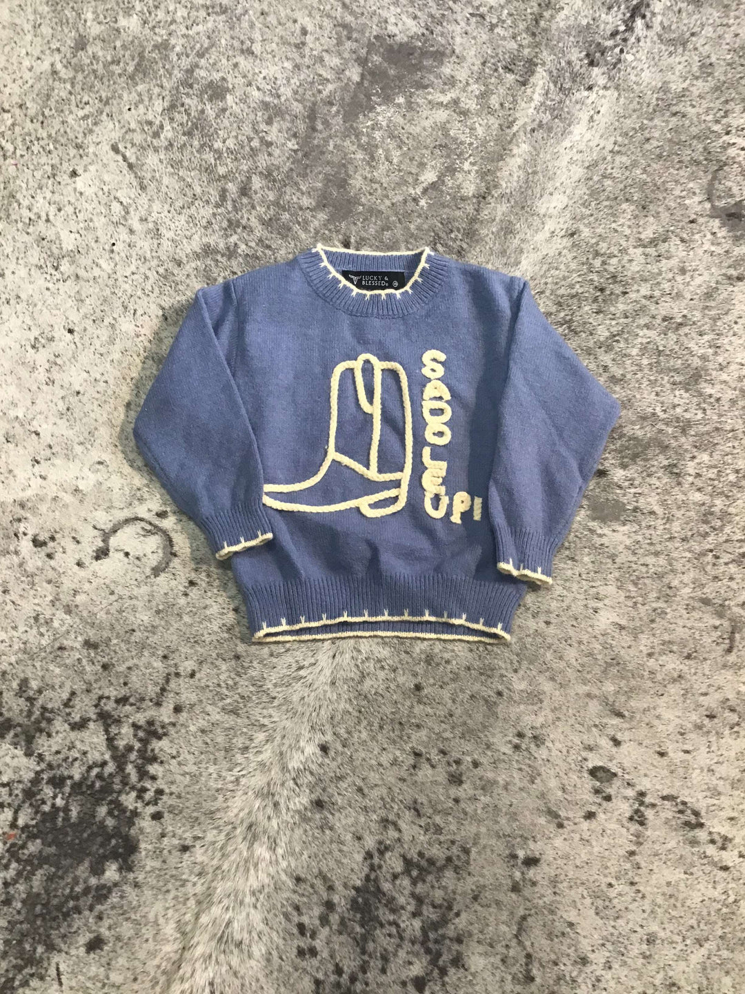 Kids Blue Knit Sweater - Saddle Up Western Cowboy Boot Design - Double C Western SupplyLucky &amp; Blessed