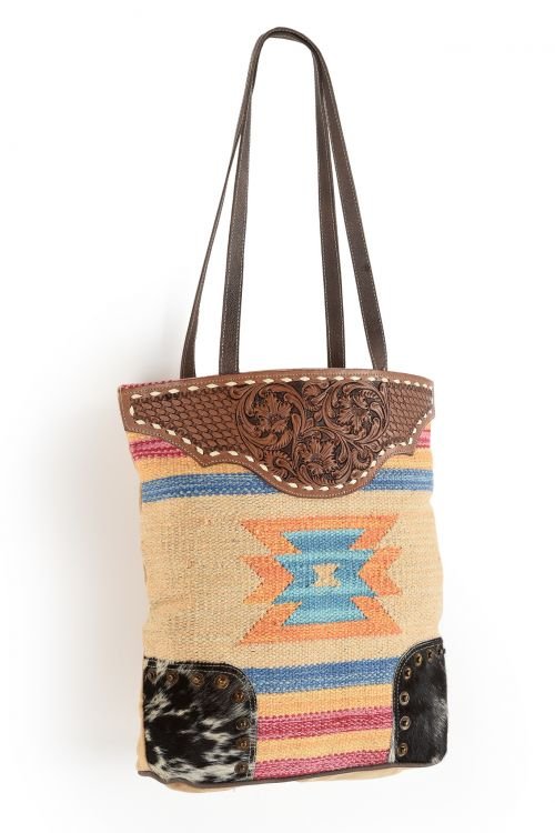 Klassy Cowgirl 15" x 15" Canvas Tote Handbag with Leather tooling VA4012 - Double C Western SupplyShiloh