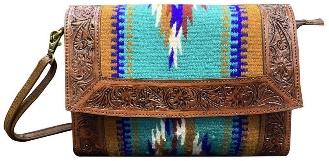 Klassy Cowgirl Tooled Leather and Wool Saddle Blanket Purse - teal 78034 - Double C Western SupplyShiloh
