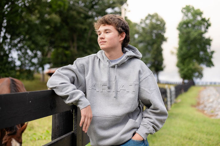 MNS Ariat Embossed Logo Hoodie GREY HEATHER 10079605 - Double C Western SupplyAriat