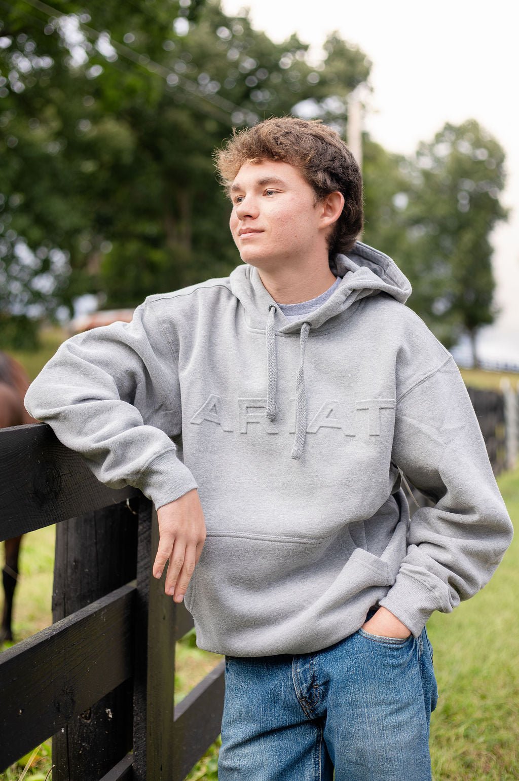 MNS Ariat Embossed Logo Hoodie GREY HEATHER 10079605 - Double C Western SupplyAriat