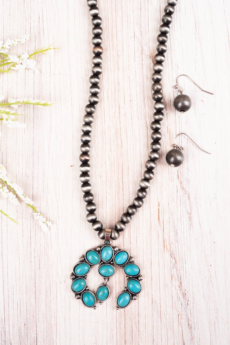 C-AS6699-SBTQ TURQUOISE NAJA SILVER NAVAJO INSPIRED PEARL NECKLACE AND EARRING SET Double C Western Supply