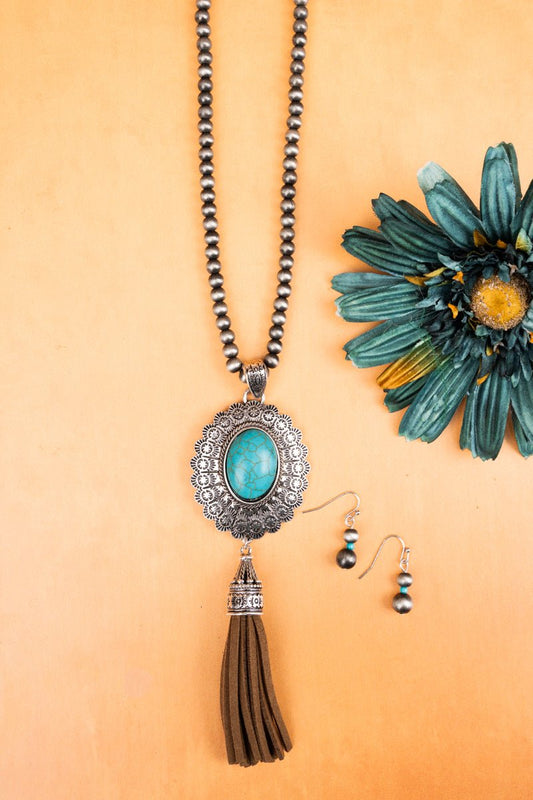 C-AS6931-SBTB WILDRIDGE TURQUOISE AND BROWN CONCHO TASSEL NECKLACE AND EARRING SET Double C Western Supply