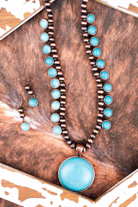 C-AS6938-CBTQ BIGLAKE TURQUOISE & COPPER PEARL NECKLACE AND EARRING SET Double C Western Supply