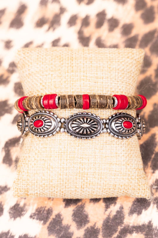 CORAL CONCHO AND BEADED SILVERTONE BRACELET SET Double C Western Supply