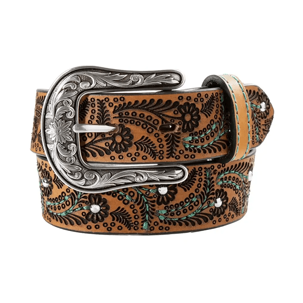 N4444002 Nocona Girls Turquoise Stitch Paisley Brown Western Belt - Double C Western SupplyM &amp; F