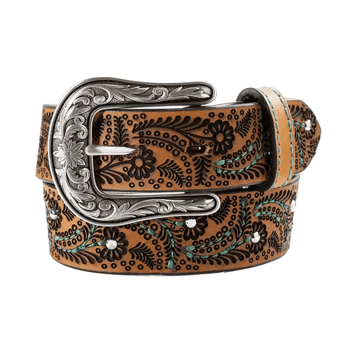 N4444002 Nocona Girls Turquoise Stitch Paisley Brown Western Belt - Double C Western SupplyM &amp; F