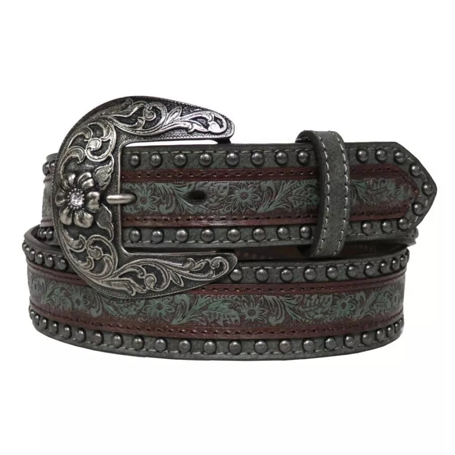 Nocona Western Women's Belt Leather Embossed Floral Studded Brown - Double C Western SupplyM & F