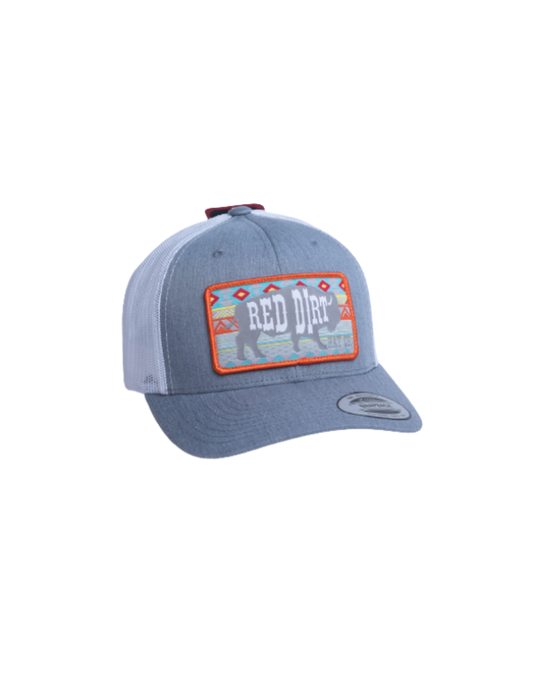 Red Dirt Hat Co. Heather Grey and White Mesh Cap with Aztec Buffalo Patch Cap Red Dirt